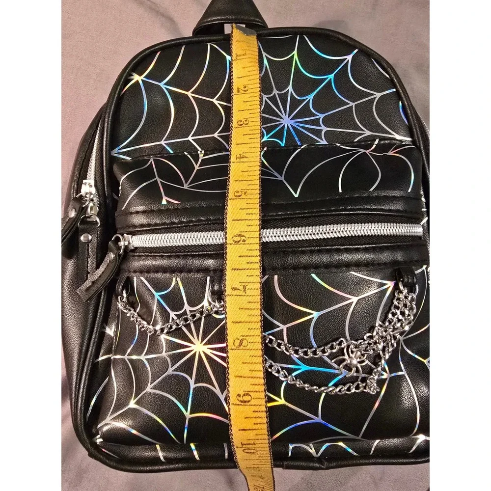 Claire's Holographic Spiderweb Mini Backpack Black Faux Leather Goth Chain